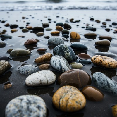 Colorful stones on wet beach sand