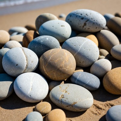 Pebbles on sandy beach shore