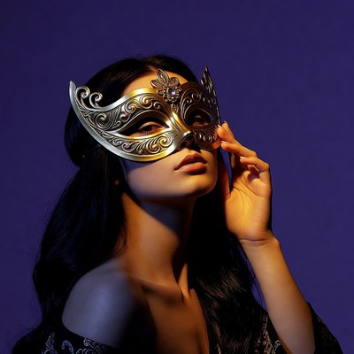 Person wearing ornate mask in dim light