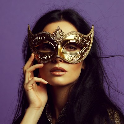 Woman holding golden mask in studio