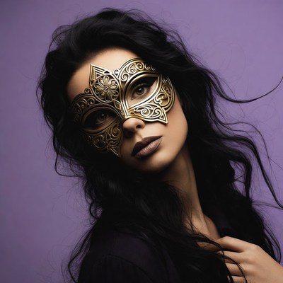 Woman in gold mask on purple background