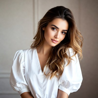 Woman posing in white dress indoors