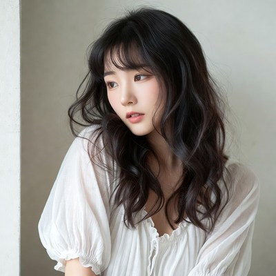 Woman with wavy hair indoors