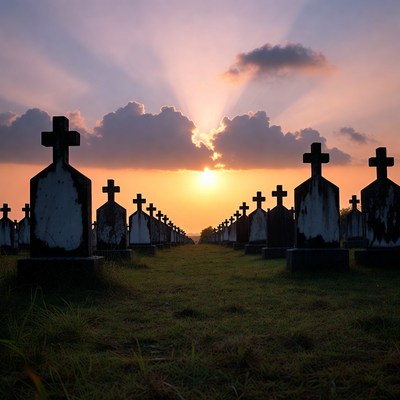 Sunset over cemetery with crosses