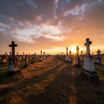 Sunset over cemetery with crosses