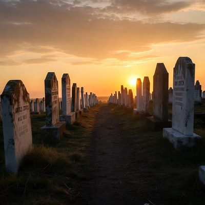 Cemetery at sunset with headstones