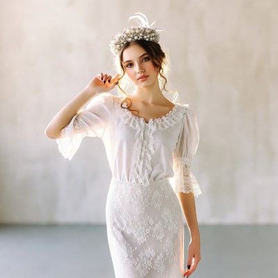 Woman in white dress poses indoors