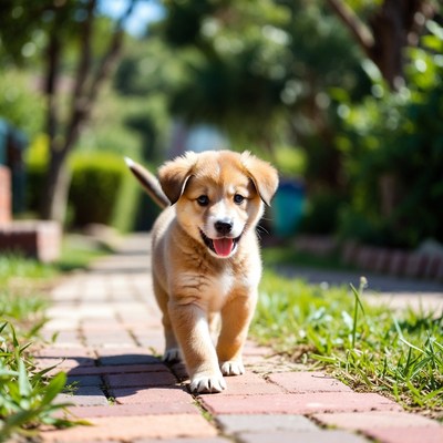 Puppy walks on a sunny path