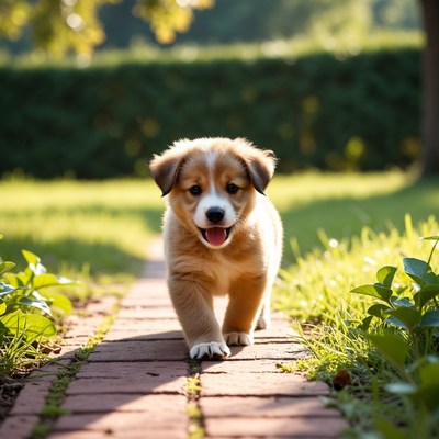 Puppy walks on garden path