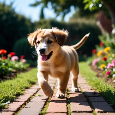 Puppy runs through garden path