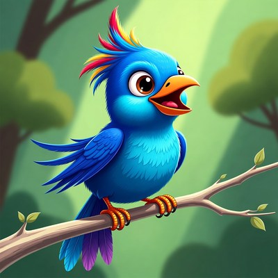 Colorful bird singing on a branch
