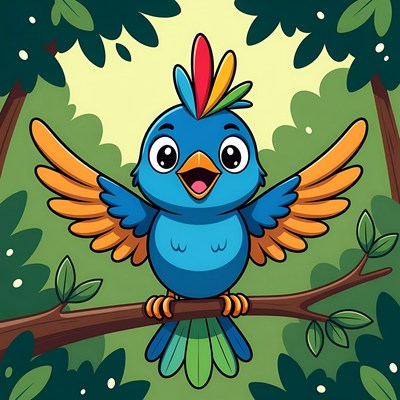 Colorful cartoon bird on branch