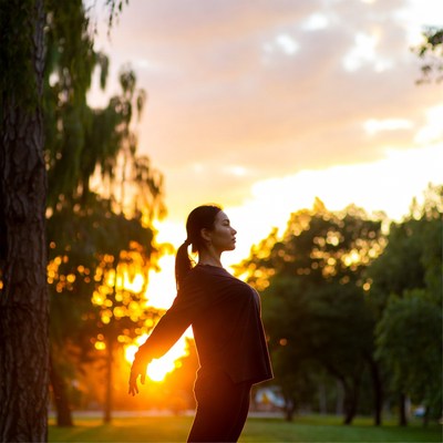 Woman enjoying sunset in park