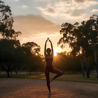 Yoga practice at sunset in park