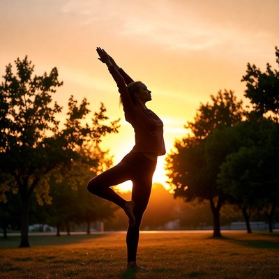 Woman practicing yoga at sunset