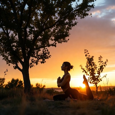 Sunset yoga practice by the tree