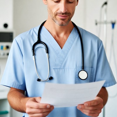 Doctor reading patient information sheet
