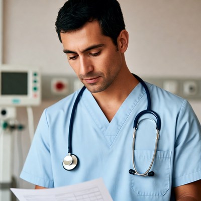 Doctor reviewing patient files in a clinic