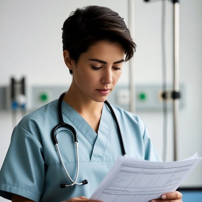 Nurse reviews patient information in hospital
