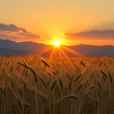 Sunset over golden wheat field