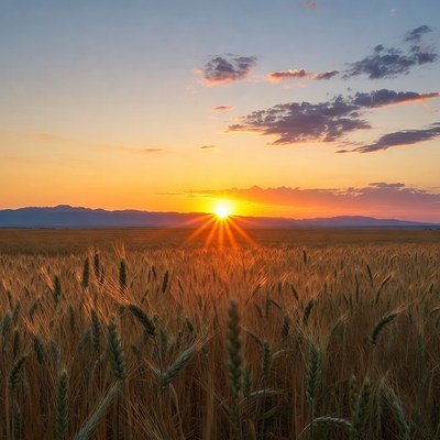 Sunset over wheat field landscape