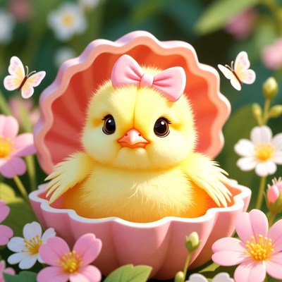 Little chick in a shell surrounded by flowers