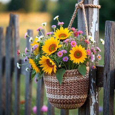Hanging basket with bright flowers