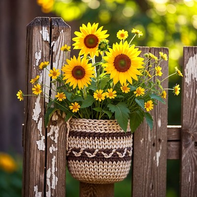 Sunflowers growing in a basket
