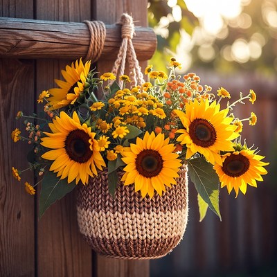 Sunflowers in woven basket outdoors