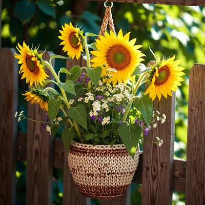 Sunflowers in hanging basket outdoors