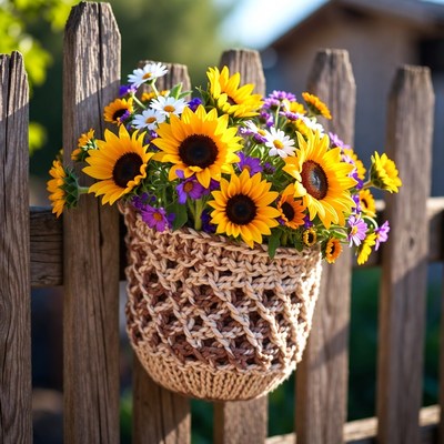 Sunflowers in woven basket by fence