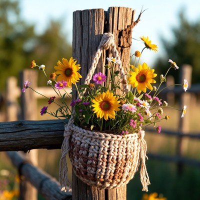 Flowers in a hanging basket at sunset