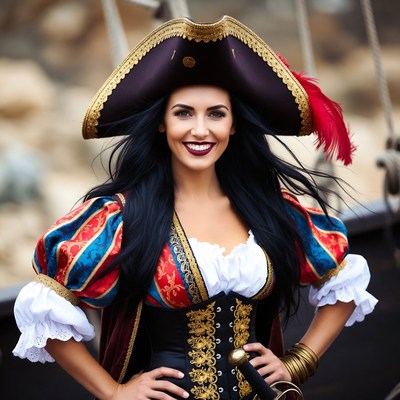 Woman in pirate costume on ship