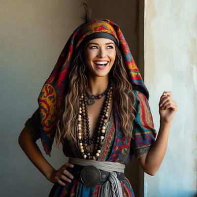 Woman in colorful dress with headscarf