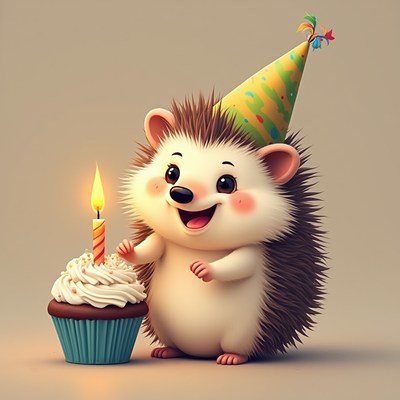 Hedgehog celebrates birthday with cupcake