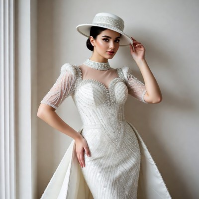 Woman in white dress and hat poses