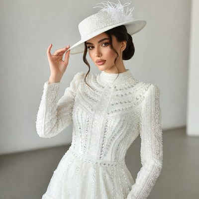 Bride posing in stylish white dress