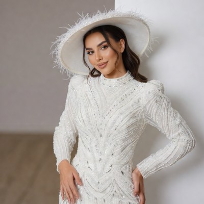 Model in white dress with hat
