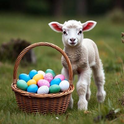 Cute lamb with colorful eggs in basket