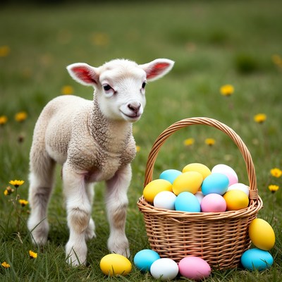 Lamb by easter egg basket