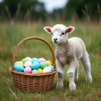 Lamb and basket of eggs in field
