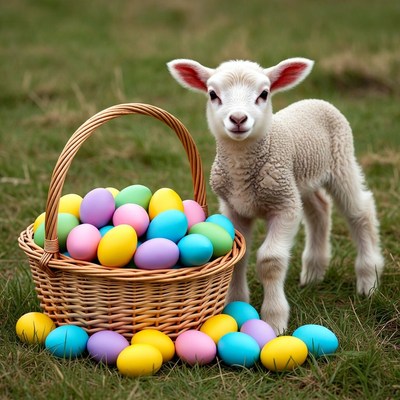 Lamb and colorful eggs on grass