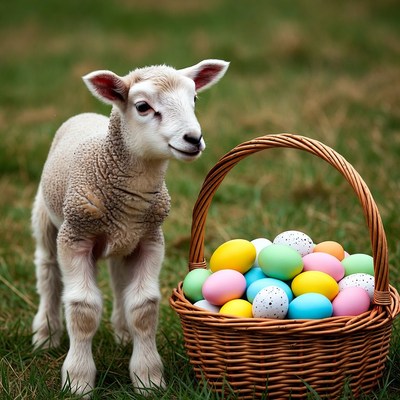 Lamb with easter eggs basket