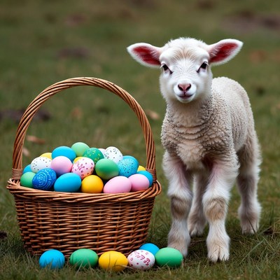 Easter lamb with colorful eggs in basket