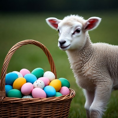 Lamb next to basket of eggs