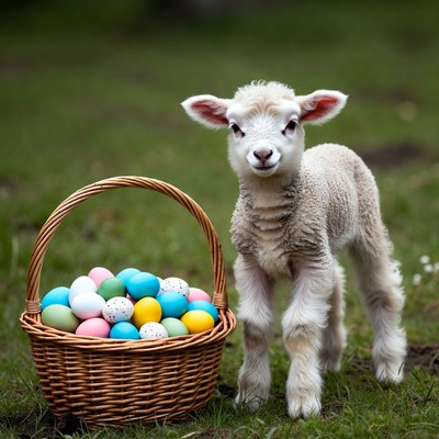 Lamb stands beside colorful easter eggs