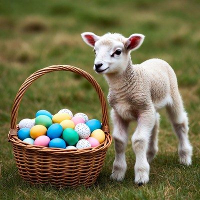 Lamb beside basket of eggs