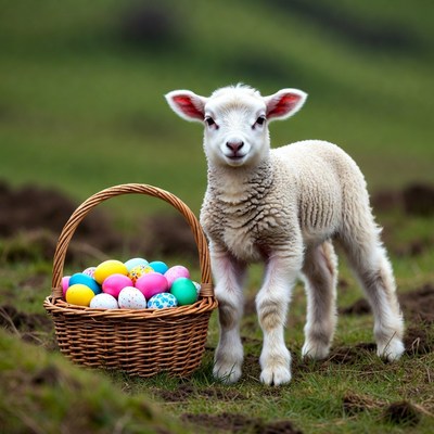 Lamb next to easter egg basket