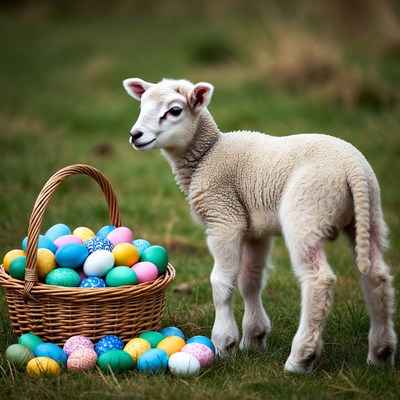 Easter lamb beside colorful eggs