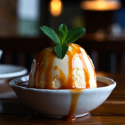 Dessert with caramel sauce and mint leaf